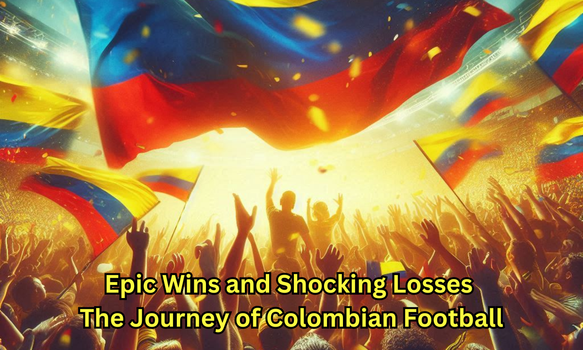 Colombian football fans celebrating with flags and banners.