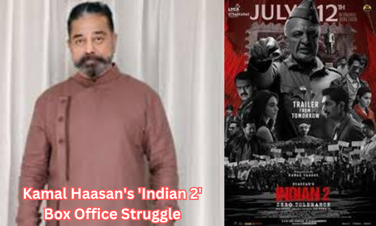 Image of Kamal Haasan and a box office graph reflecting the film "Indian 2's" underwhelming performance.