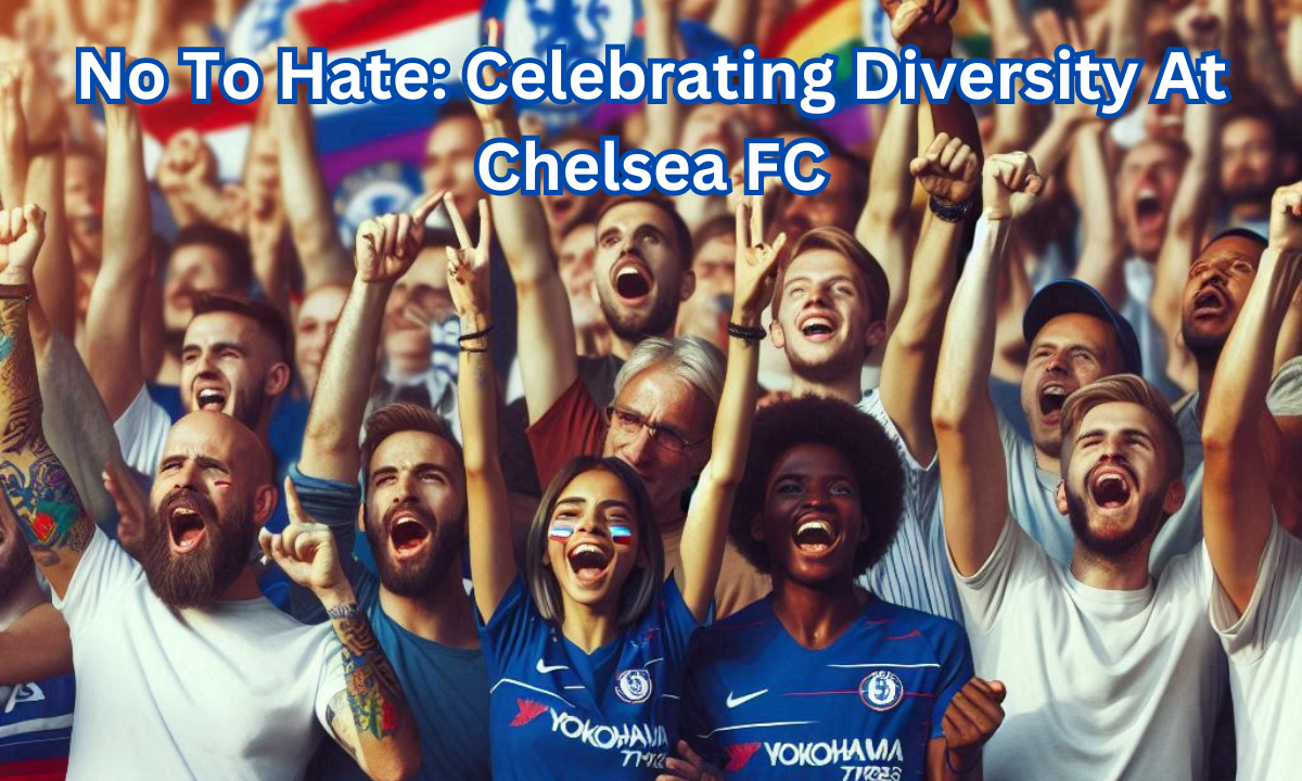 A diverse group of Chelsea FC fans cheering together, highlighting the club's commitment to inclusivity.