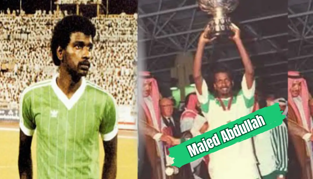 Al-Nassr with the Asian Cup Winners' Cup trophy, with Majed Abdullah in the center holding the cup