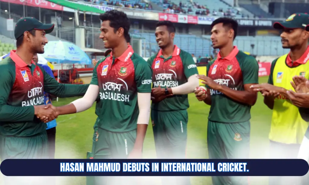 Hasan Mahmud making his international debut for Bangladesh, with teammates cheering.