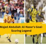 Majed Abdullah in Al-Nassr kit, celebrating after scoring a goal.