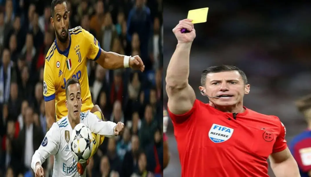 Lucas Vázquez passionately speaking to a referee during a heated football match