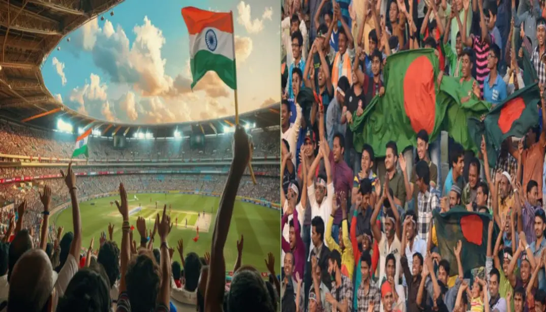 India vs Bangladesh 2nd Test: cricket stadium with enthusiastic fans holding Indian and Bangladeshi flags