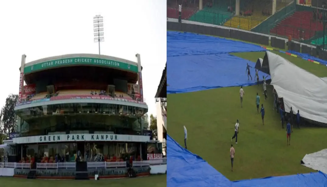 India vs Bangladesh 2nd Test: cloudy sky over the Green Park Stadium, with puddles forming on the ground, and the ground staff ready with covers.