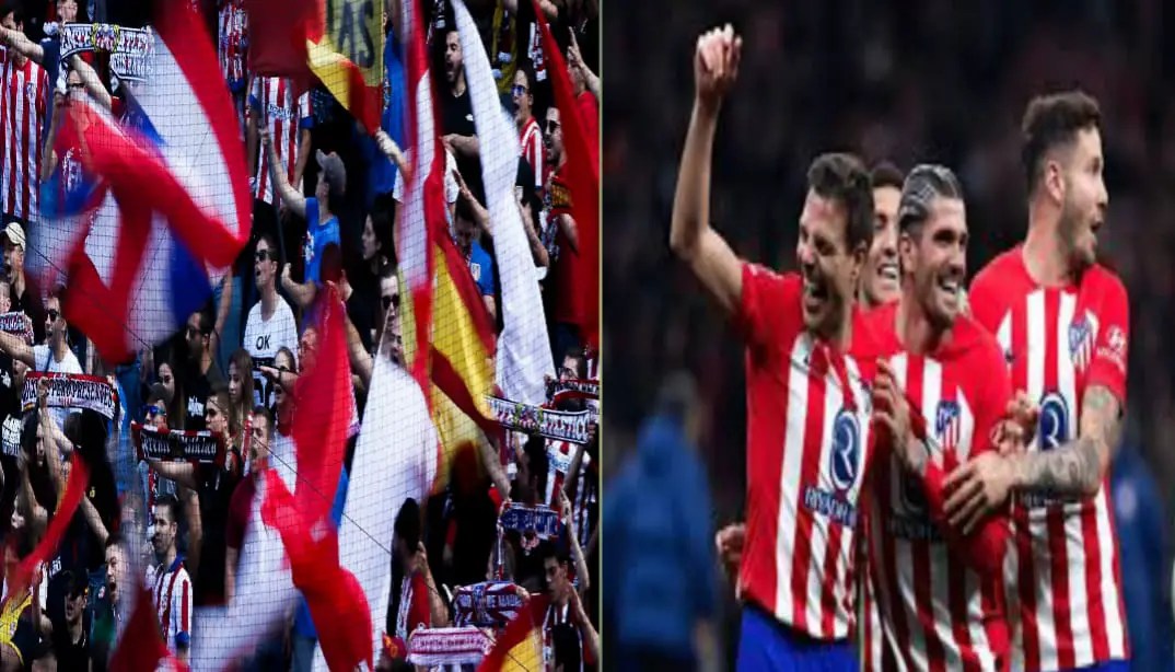 Truly beaten Barcelona: Atlético Madrid players celebrating a goal against Barcelona at the Wanda Metropolitano, with fans displaying red and white flags.