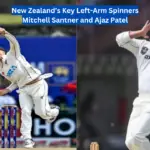 NZ'S: Mitchell Santner bowling during a cricket match; Ajaz Patel celebrating a wicket