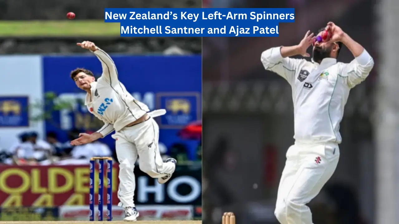 NZ'S: Mitchell Santner bowling during a cricket match; Ajaz Patel celebrating a wicket