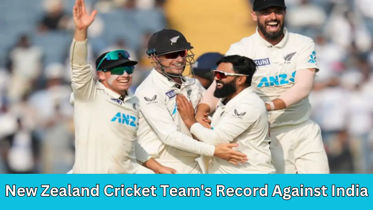 The New Zealand cricket team celebrates a victory over India.