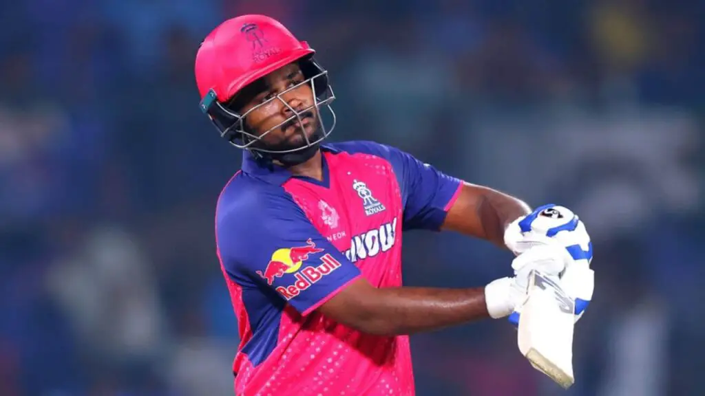 Sanju Samson playing a powerful shot during an IPL match