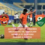 Action shot of Sreenidi Deccan FC vs Gokulam Kerala FC players during a match.