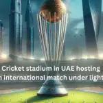 Champions Trophy Shock: Cricket stadium in UAE hosting an international match under lights.