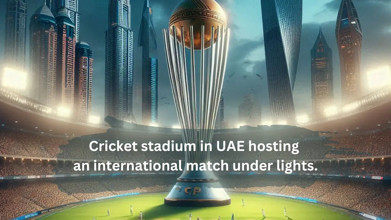 Champions Trophy Shock: Cricket stadium in UAE hosting an international match under lights.