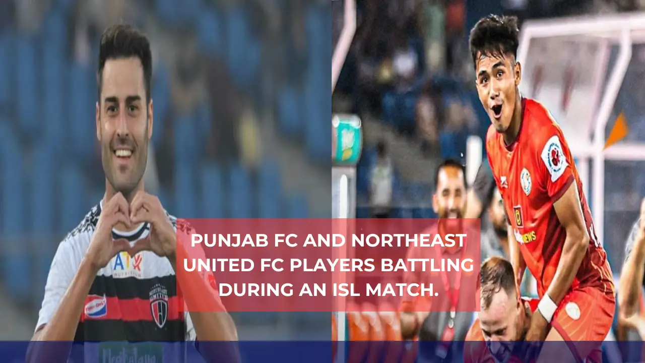 Punjab FC vs NorthEast United FC players battling during an ISL match.