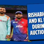 Rishabh Pant and KL Rahul during IPL auction 2025 with digital screens showing player details.