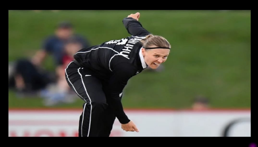 WPL 2025: Lea Tahuhu bowling during a WPL match with Gujarat Giants.