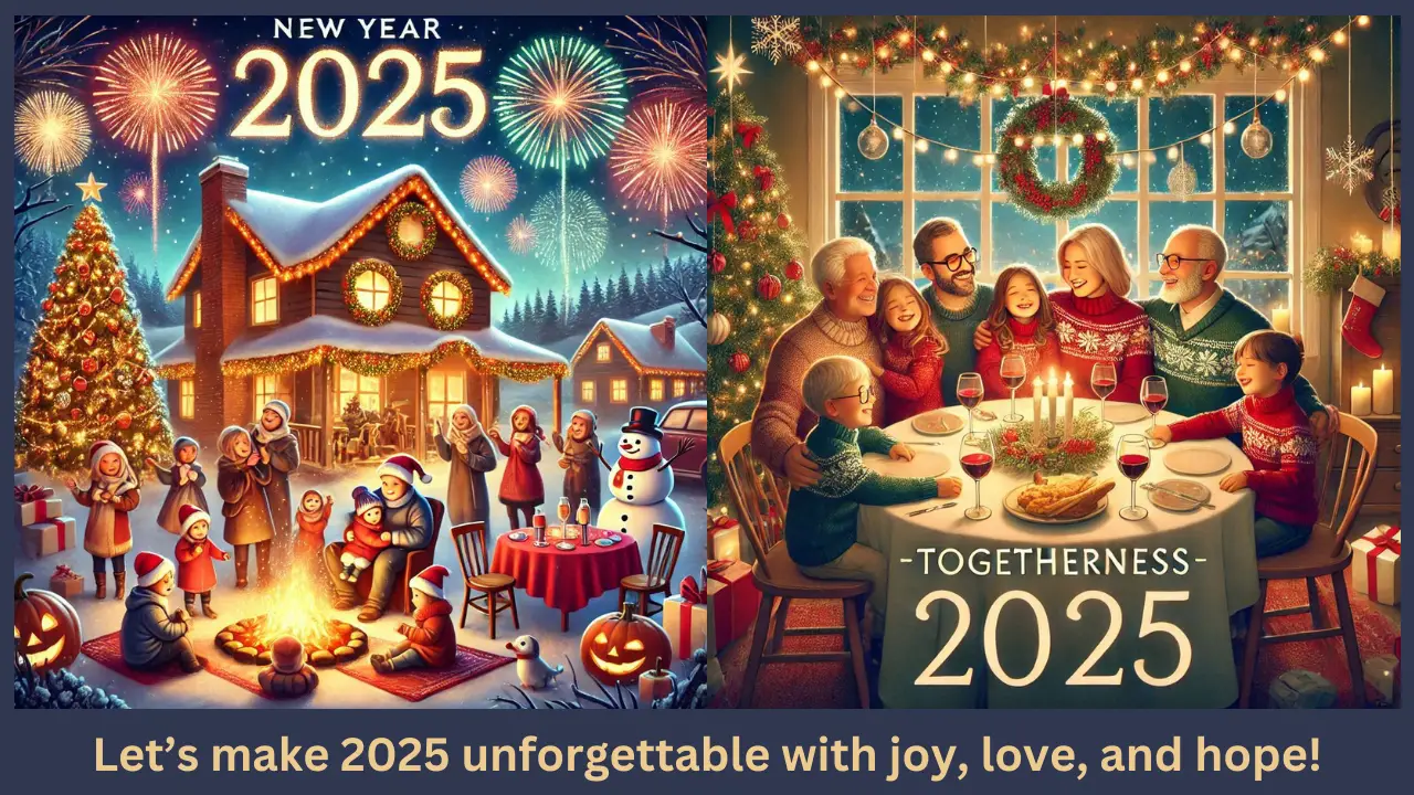 Happy New Year 2025 celebrations with fireworks and family gatherings