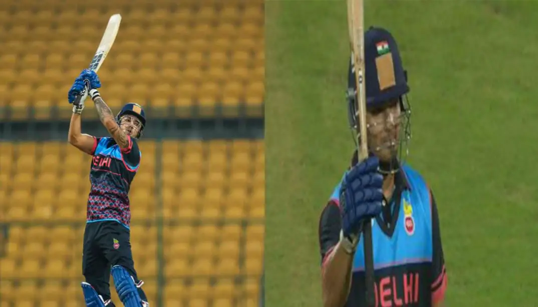 Anuj Rawat batting during SMAT 2024 semifinal between Delhi and Madhya Pradesh at Chinnaswamy Stadium.