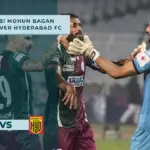 Mohun Bagan players in action against Hyderabad FC at Salt Lake Stadium.