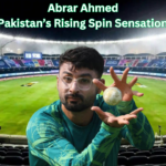 Abrar Ahmed is celebrating a wicket in a Pakistan Test match.