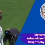 Mohammed Azharuddeen raising his bat after scoring a century in the Ranji Trophy semifinal.