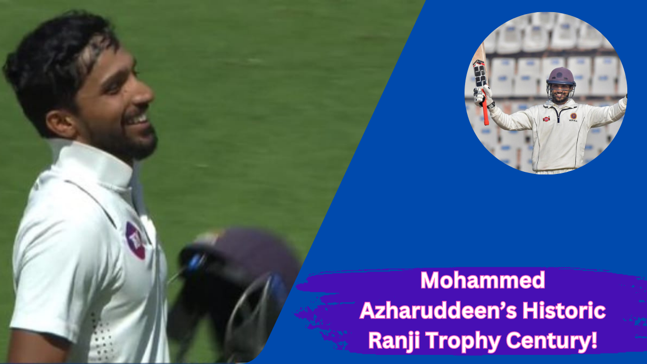 Mohammed Azharuddeen raising his bat after scoring a century in the Ranji Trophy semifinal.