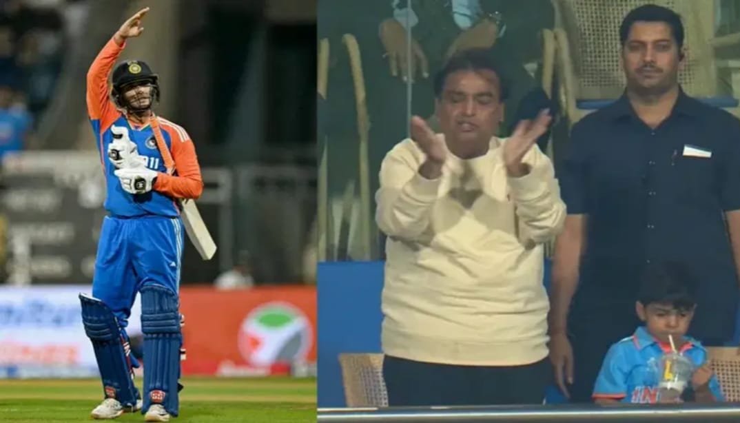 Mukesh Ambani standing and applauding in the stadium, visibly excited after Abhishek Sharma’s six.