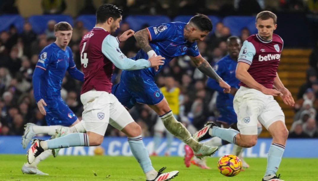 Pedro Neto striking the ball past West Ham’s goalkeeper