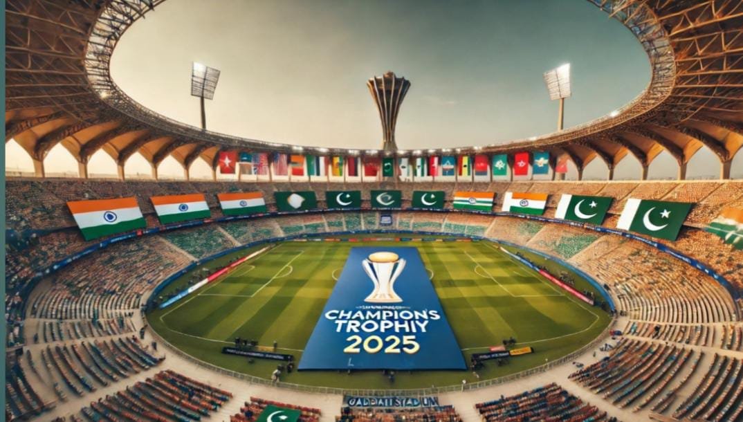 PCB vs BCCI Champions Trophy 2025: A wide-angle view of Gaddafi Stadium, Lahore, showing flags of all participating teams except India.