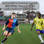 Real Madrid vs. Barcelona: Real Madrid and Barcelona football legends like Luís Figo and Rivaldo in action at DY Patil Stadium, Navi Mumbai, for the Legends Faceoff match on April 6, 2025.