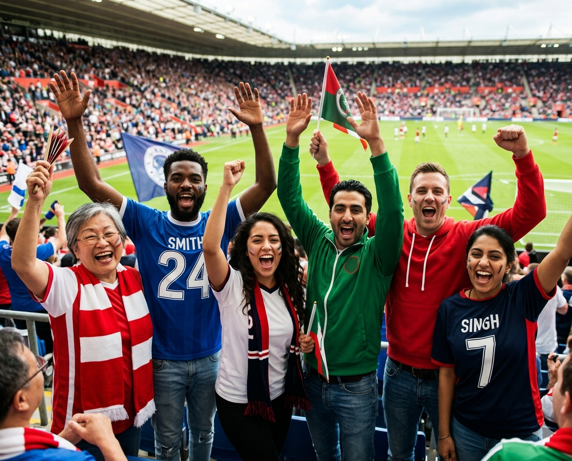 A front-row view of a multi-ethnic crowd celebrating wildly at a soccer stadium