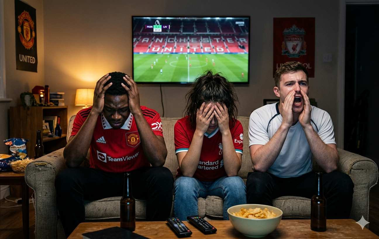 Three friends sitting on a couch react with intense frustration and stress while watching a soccer match