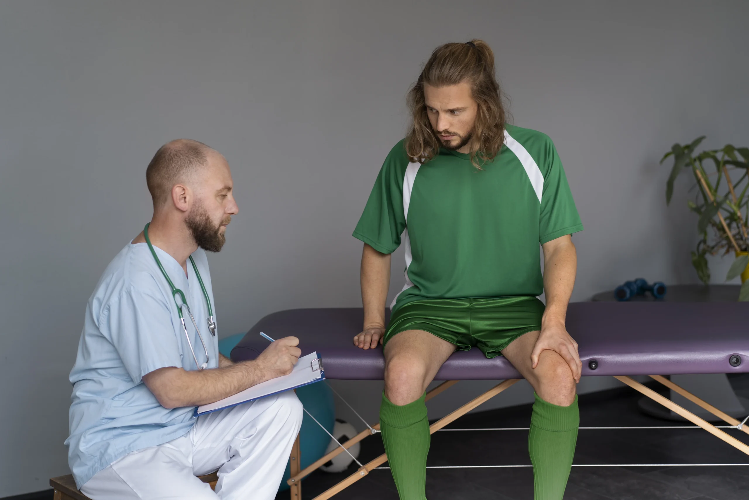 Athlete talking physiotherapist