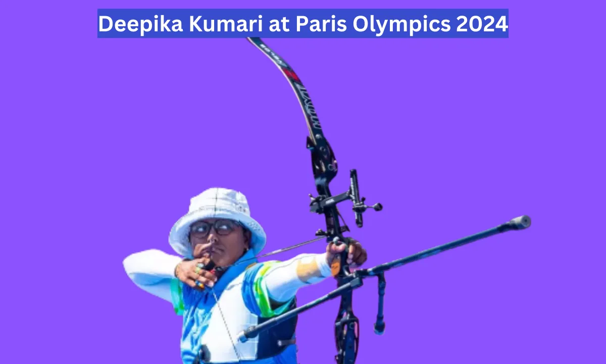 Deepika Kumari aiming during an archery competition at the Paris Olympics in 2024.