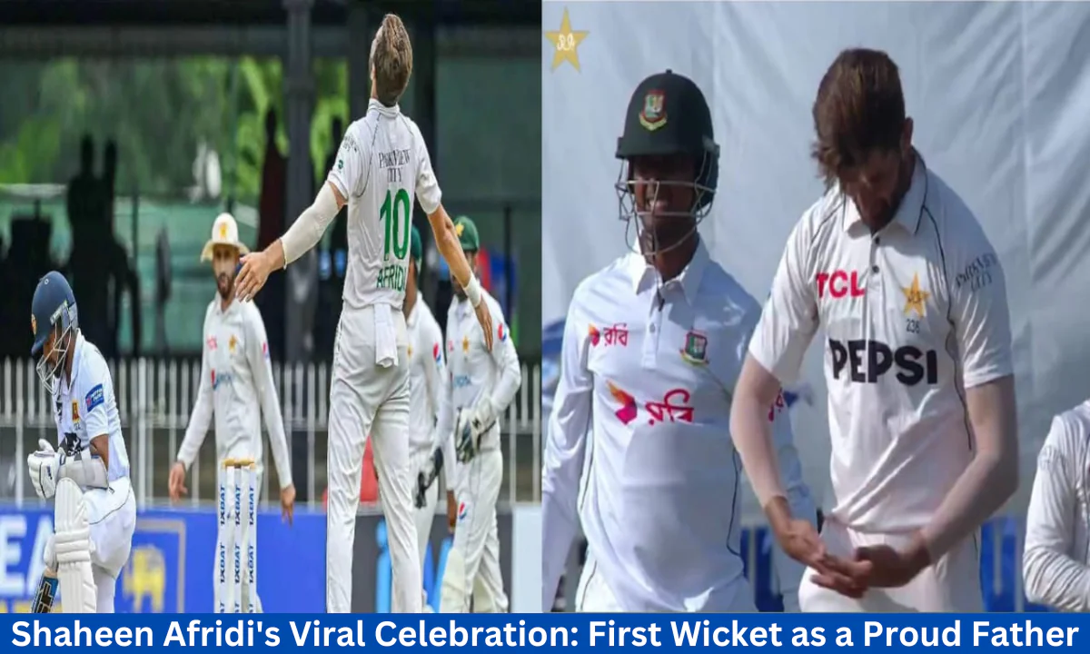 Shaheen Afridi celebrates his first wicket after becoming a father, showcasing his emotional gesture on the cricket field.