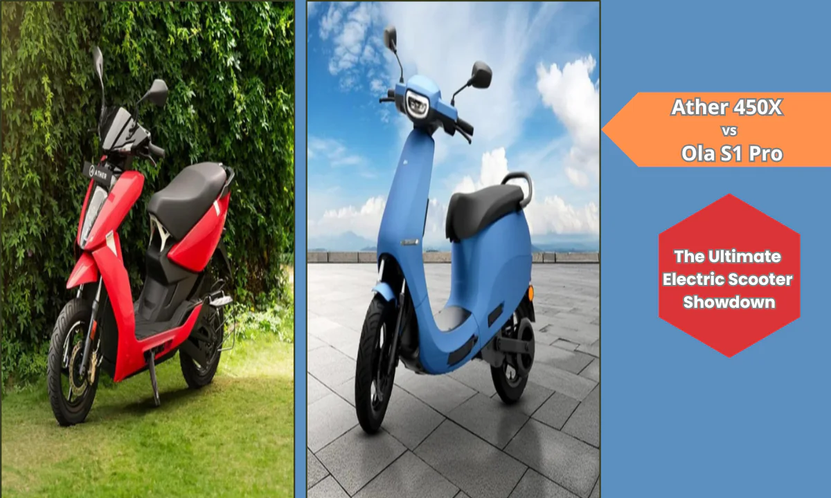 Comparison between Ather 450X and Ola S1 Pro electric scooters parked side by side.