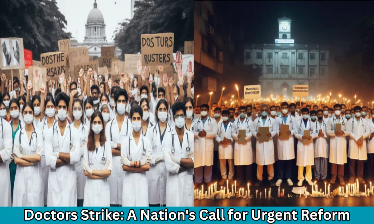 Doctors protested during a nationwide strike, holding signs for justice and reform.