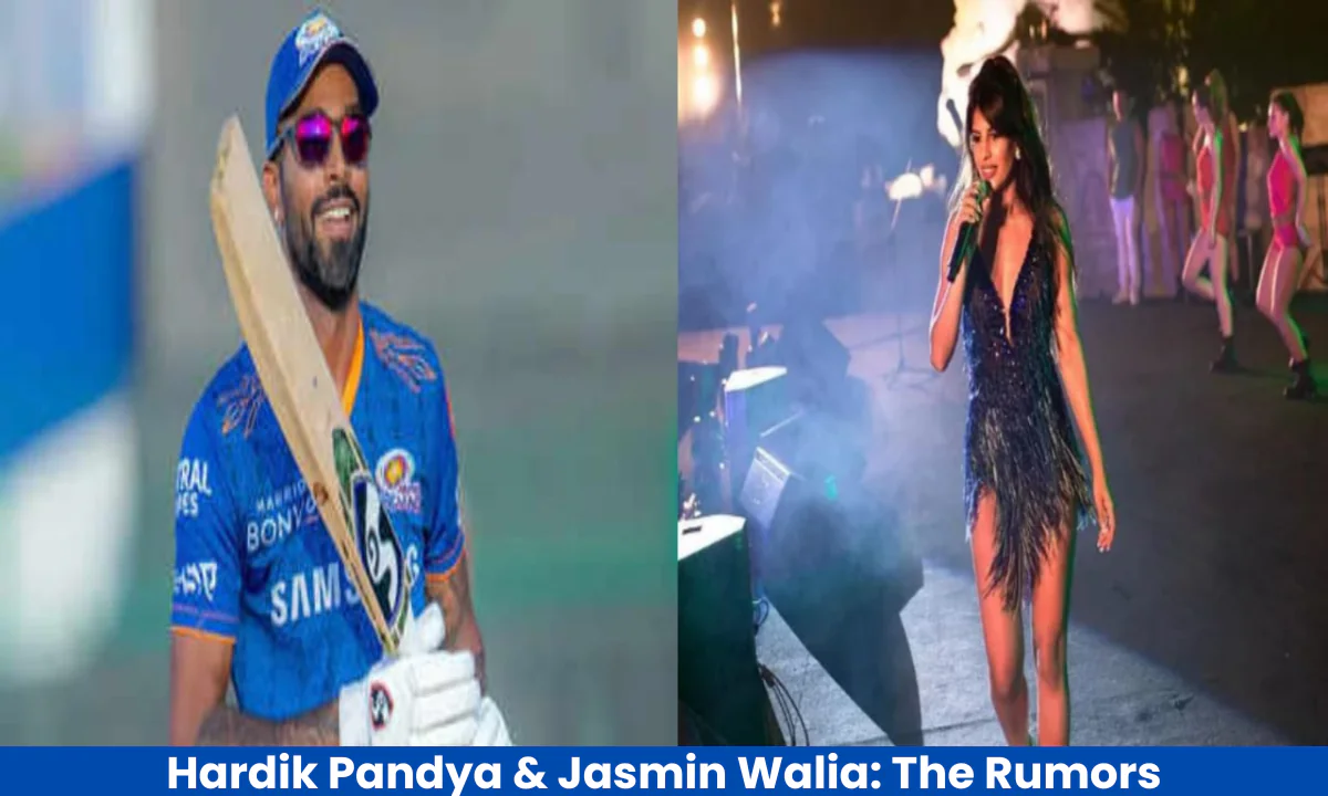 Hardik Pandya poses during a cricket match, and Jasmin Walia performs on stage.