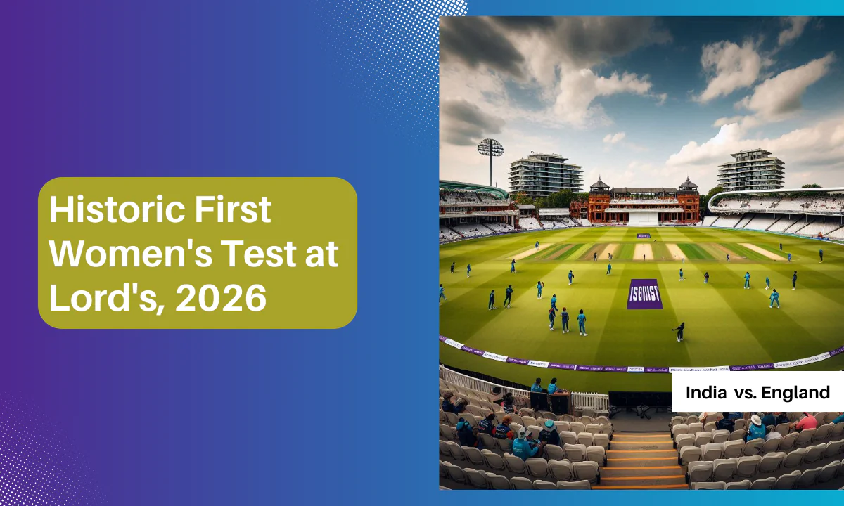 An aerial view of Lord's Cricket Ground with players practicing on the pitch, highlighting the upcoming 2026 women's Test between India and England.