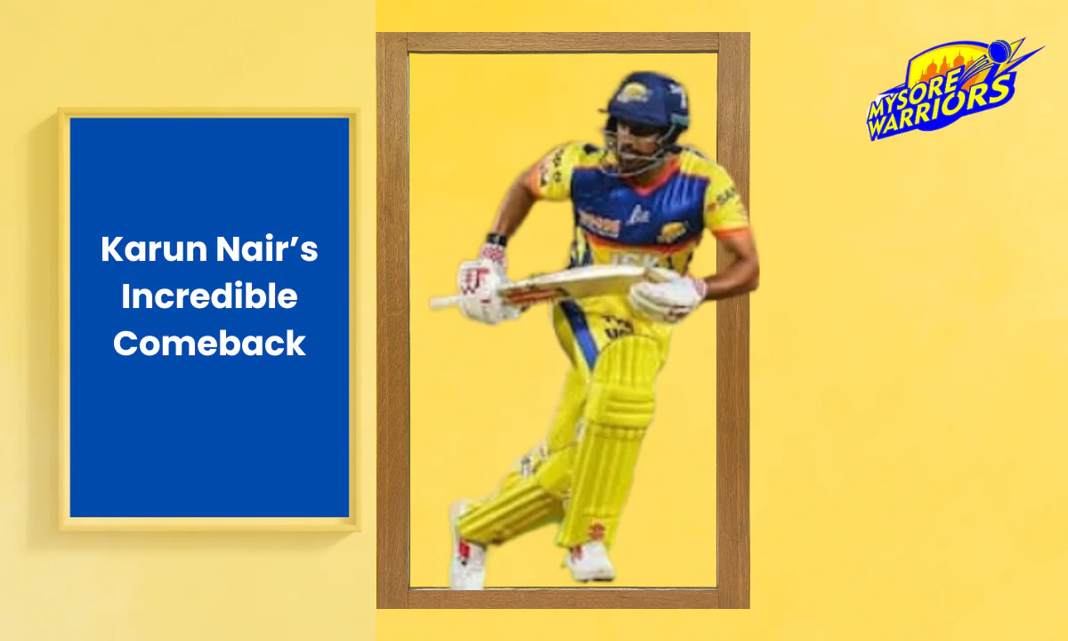 Karun Nair is batting for the Mysuru Warriors in a domestic cricket match.