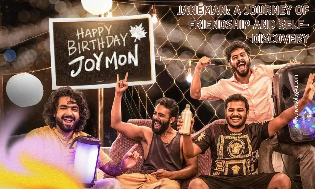 Janeman movie: Basil Joseph as Joymon in the movie Janeman, surrounded by his schoolmates during a birthday celebration.