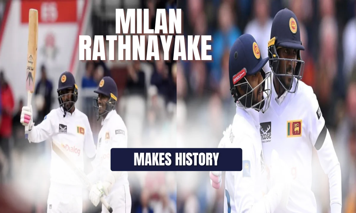 Milan Rathnayake raising his bat after breaking a 41-year-old Test cricket record