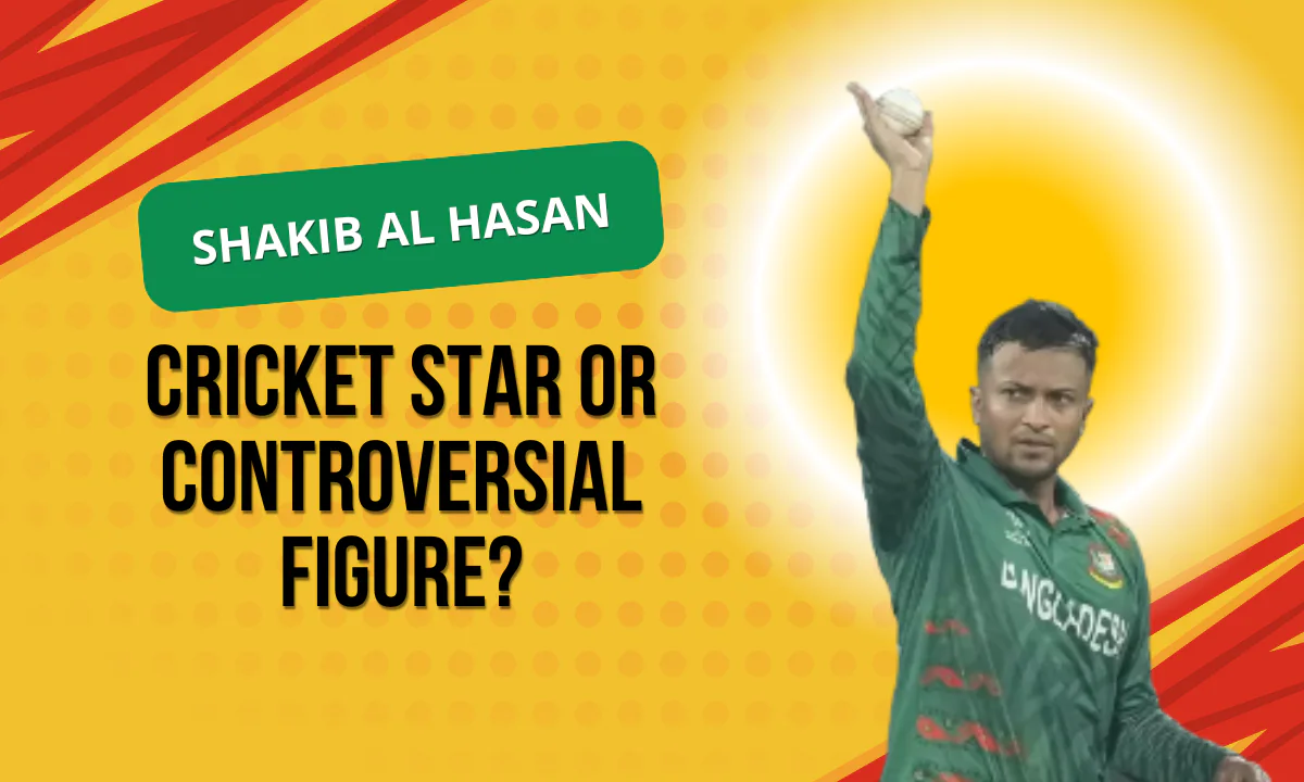 Shakib Al Hasan standing on a cricket field with a tense expression, representing the recent controversy surrounding him.