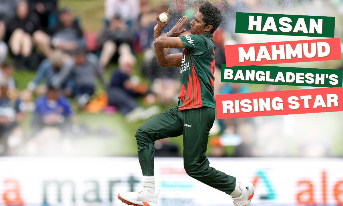 Hasan Mahmud bowling in a Bangladesh national team jersey.