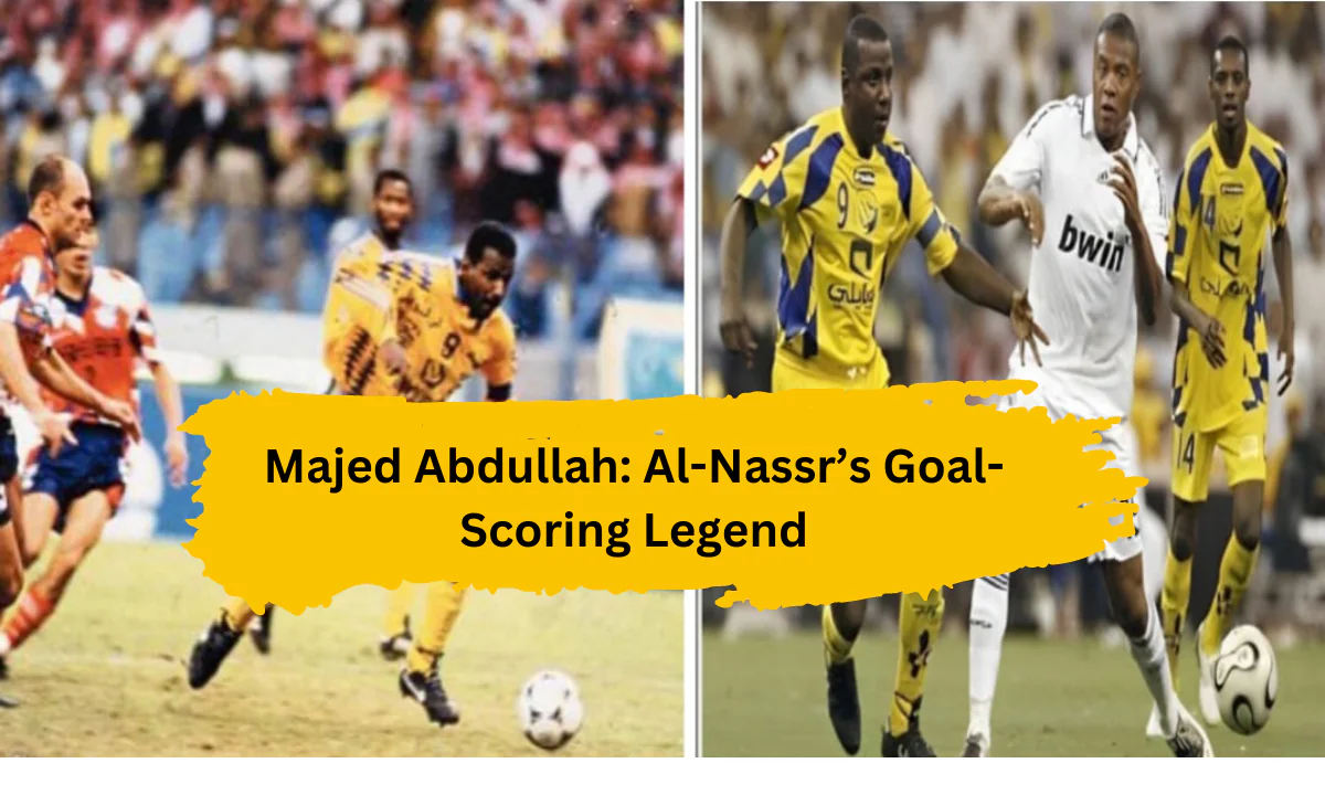 Majed Abdullah in Al-Nassr kit, celebrating after scoring a goal.