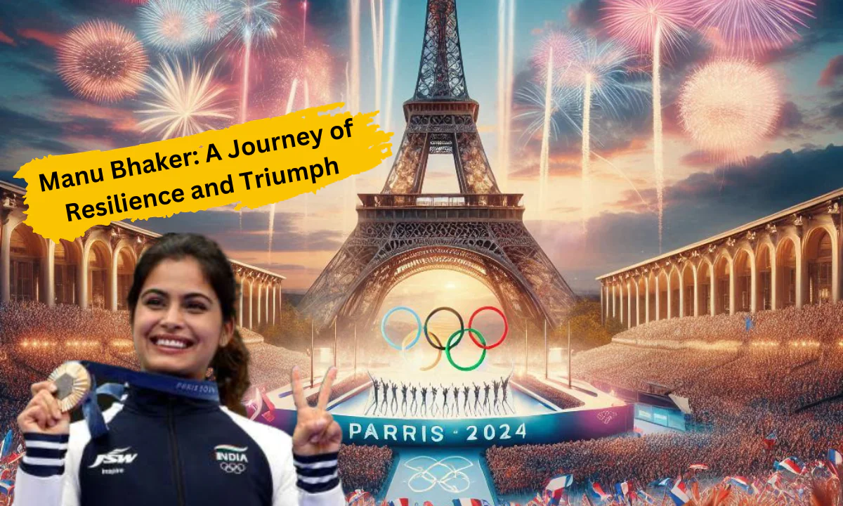 Manu Bhaker holding her bronze medals from the Paris 2024 Olympics