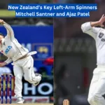 NZ'S: Mitchell Santner bowling during a cricket match; Ajaz Patel celebrating a wicket