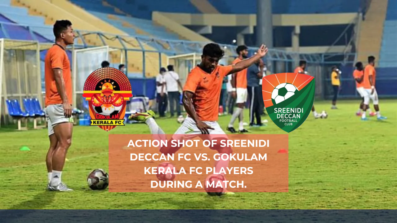 Action shot of Sreenidi Deccan FC vs Gokulam Kerala FC players during a match.