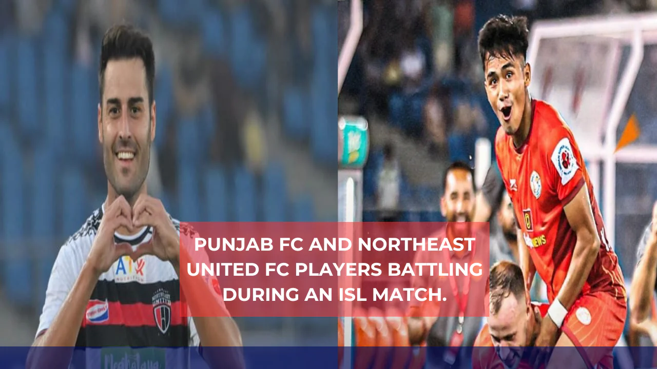 Punjab FC vs NorthEast United FC players battling during an ISL match.