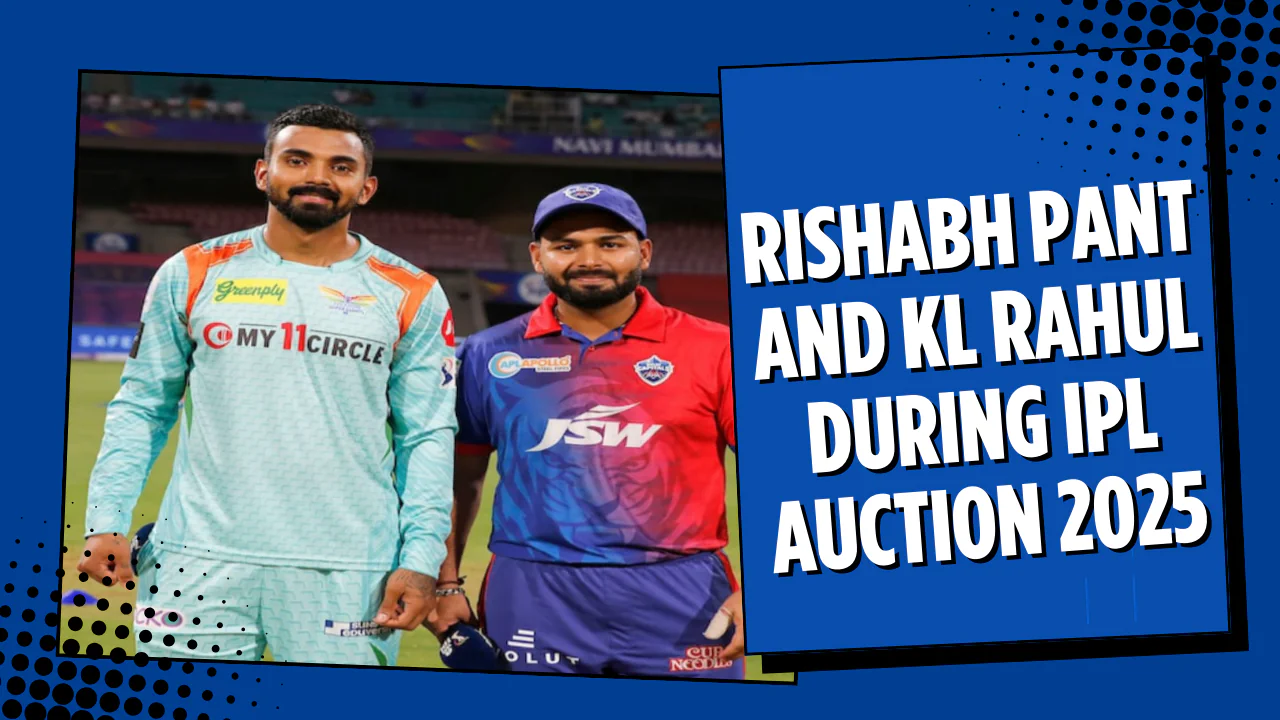 Rishabh Pant and KL Rahul during IPL auction 2025 with digital screens showing player details.